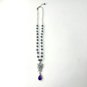 Purple Freshwater Pearl Necklace, Rhinestone Amethyst Pendant